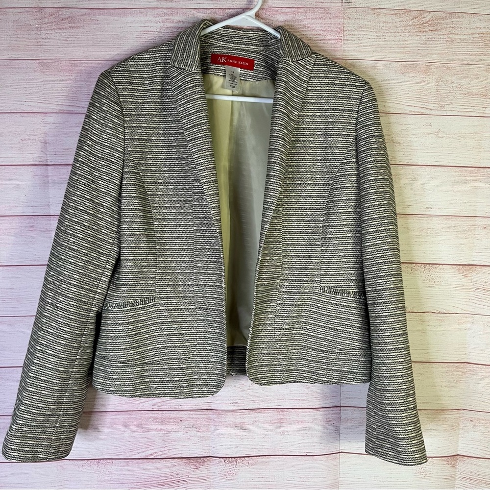 Anne Klein Open Front Black Beige Gold Striped Blazer Size 12